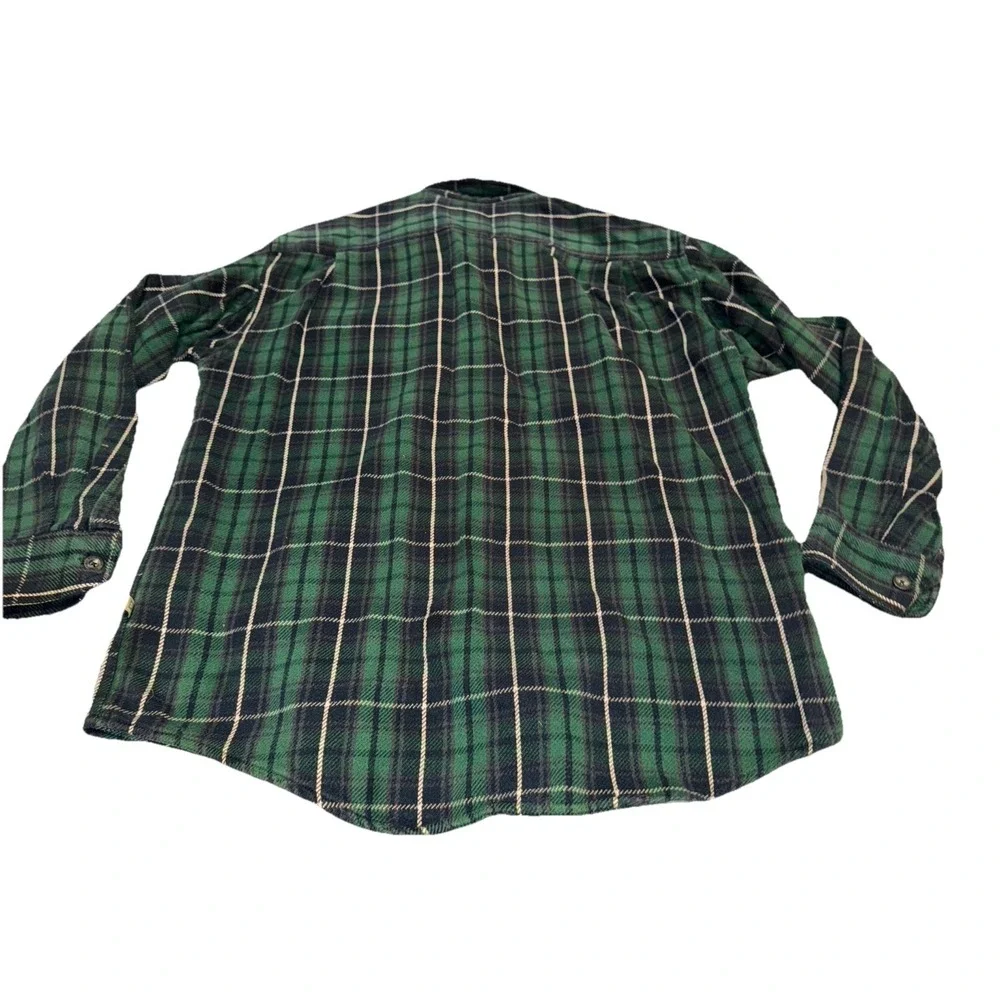 Cabelas Fleece Heavy Plaid Button Down Shirt Men Sz Large Green Black Pen Holder